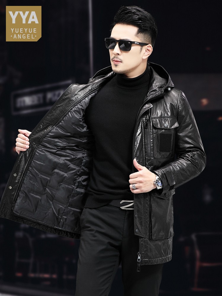 Leather Work Jacket With Hood - Homens inverno quente meados de longo
