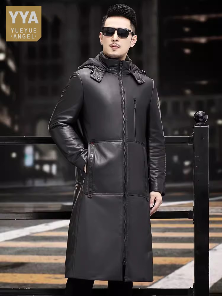 Leather Work Jacket With Hood - Inverno grosso quente longo ganso para