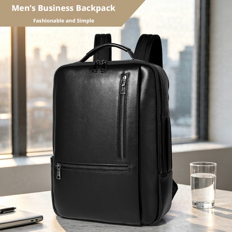 Leather Work Rucksack Mens - Mochila de couro genuíno preta para