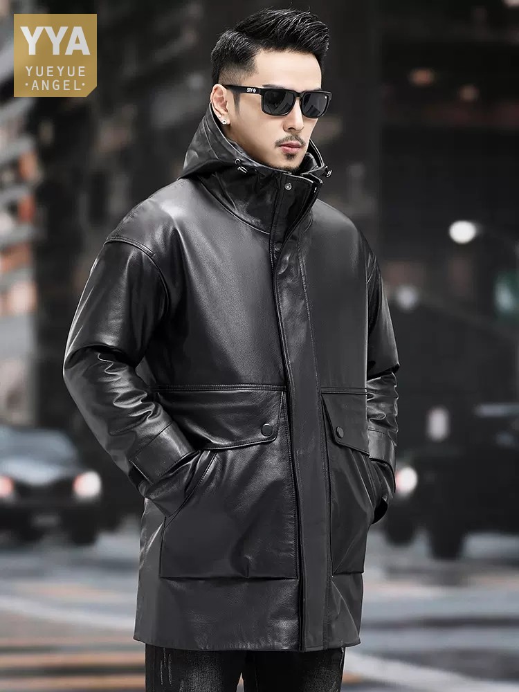 Leather Work Jacket With Hood - Inverno quente trabalho para baixo forro