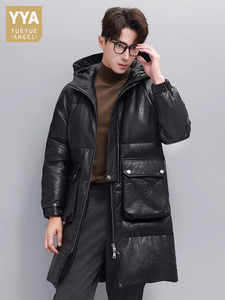 Inverno dos homens quente gans - Leather Work Jacket With Hood avaliação e preço