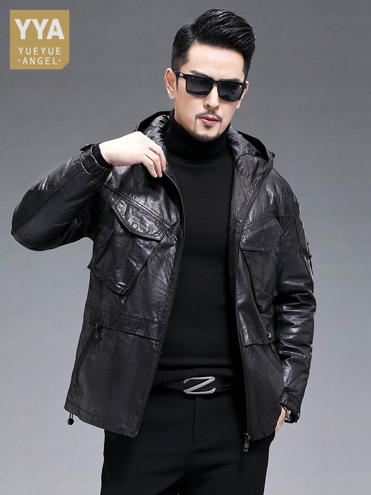 Inverno masculino quente real  - Leather Work Jacket With Hood avaliação e preço